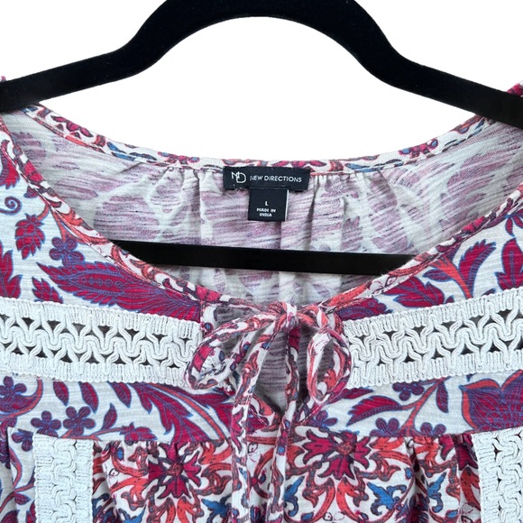 New Directions Boho Red & Beige 100% Cotton Tunic Top Floral Long Sleeve Blouse - Picture 2 of 5